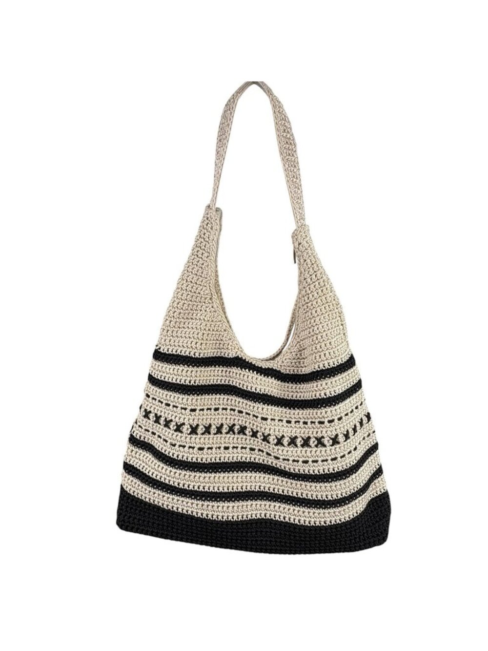 VTG Y2K Crochet Boho Coastal Classic Shoulder Bag Purse Tan Black Zipper Medium